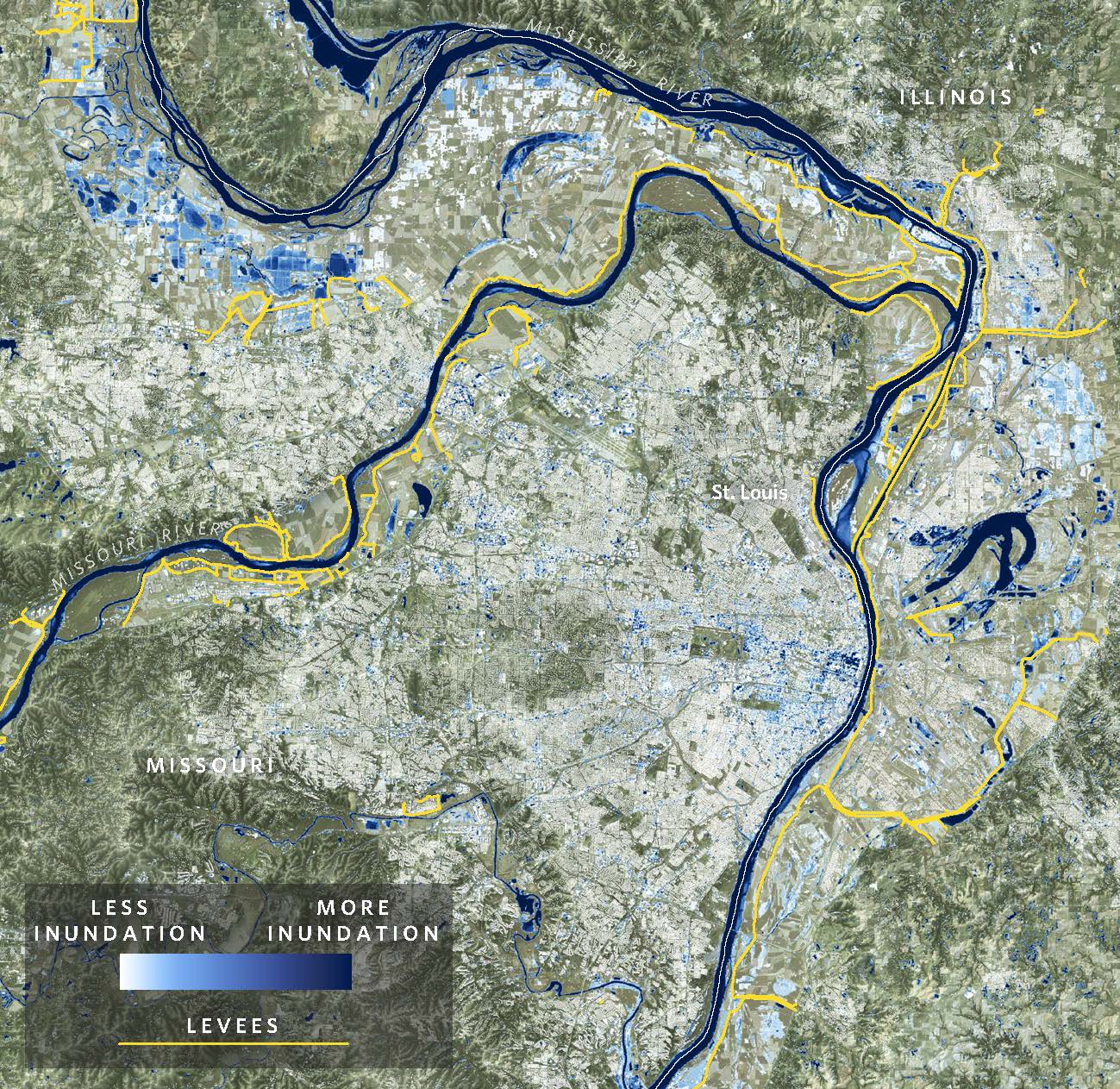 A map of the Mississippi River near St. Louis shows areas that have been inundated in blue.